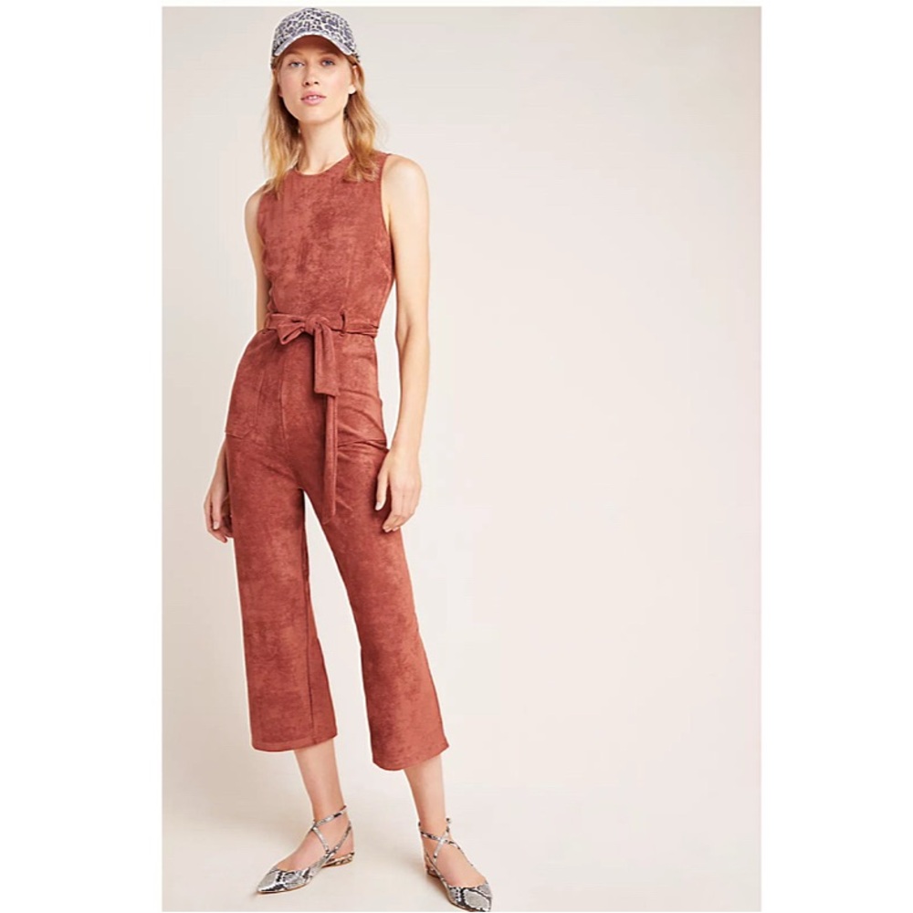 Anthropologie Faux Suede Belted Jumpsuit in Cedar